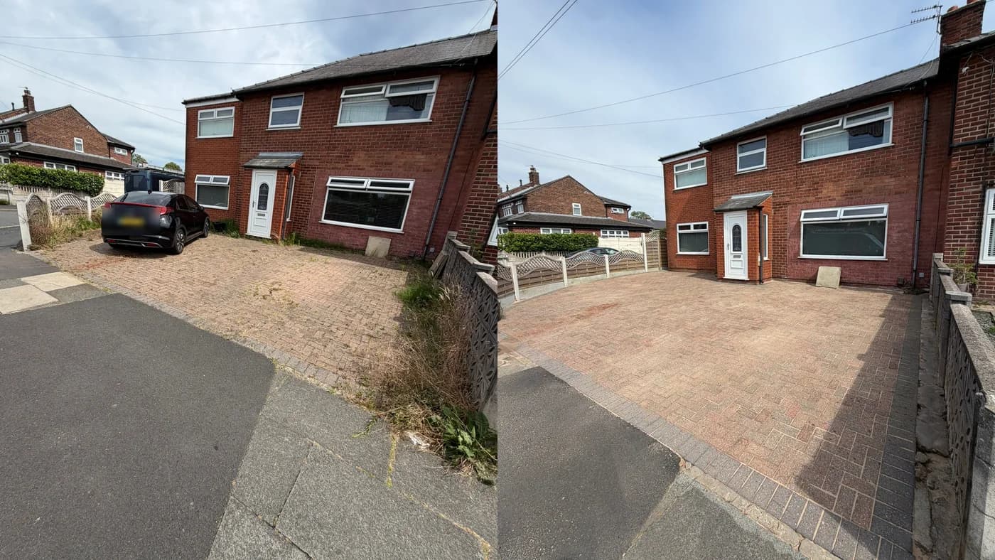 Before and after cleaning a block-paved driveway — weeds and moss removed and the paving re-sanded