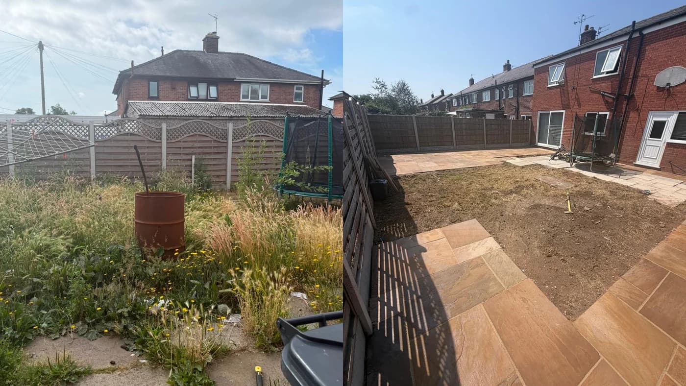 Before and after a full garden transformation — an overgrown plot cleared and the Indian sandstone patio repointed and restored