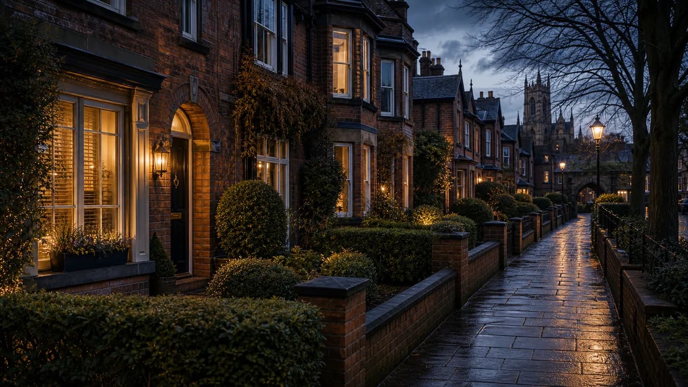 Chester residential street with maintained homes and gardens at dusk