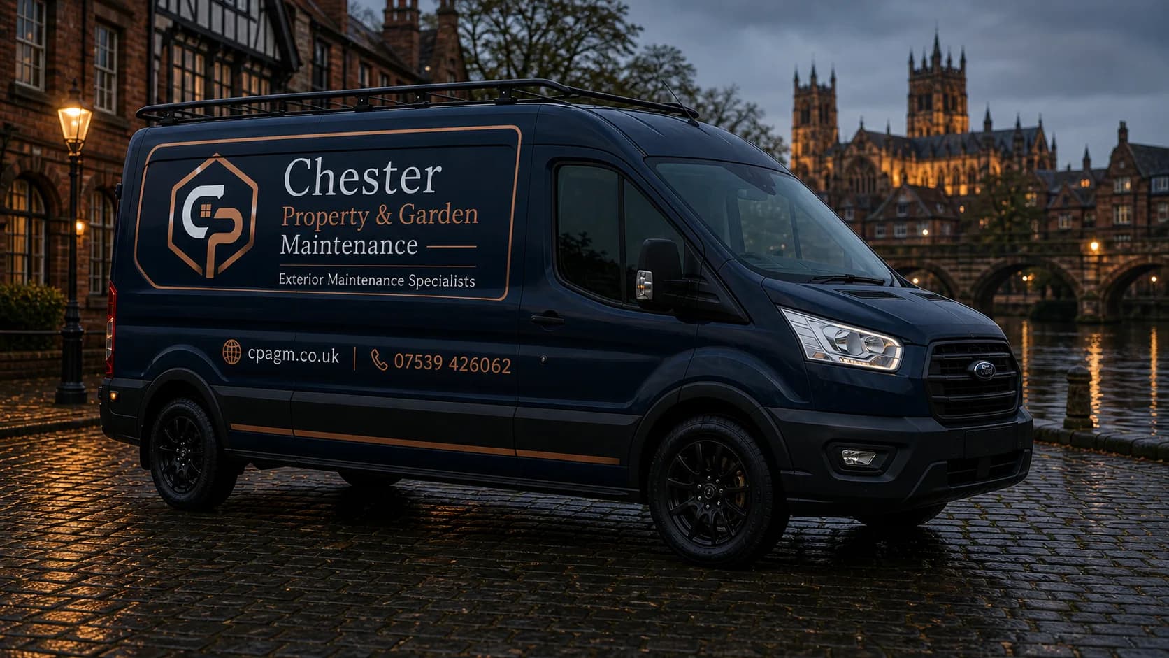 Chester Property and Garden Maintenance branded navy van with cpagm.co.uk and 07539 426062 on the side