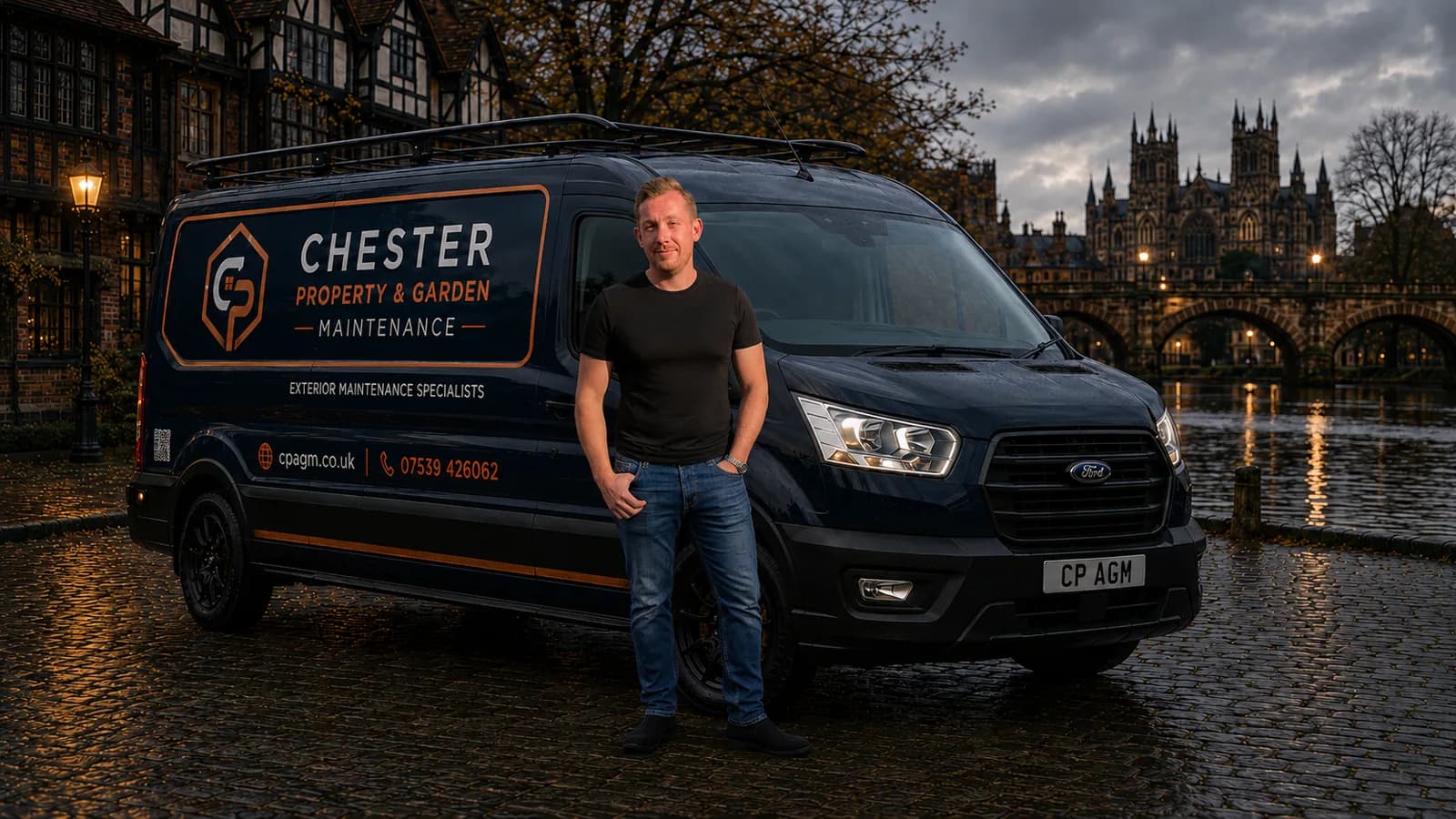 Martin, owner of Chester Property & Garden Maintenance, with the branded CPAGM van in Chester